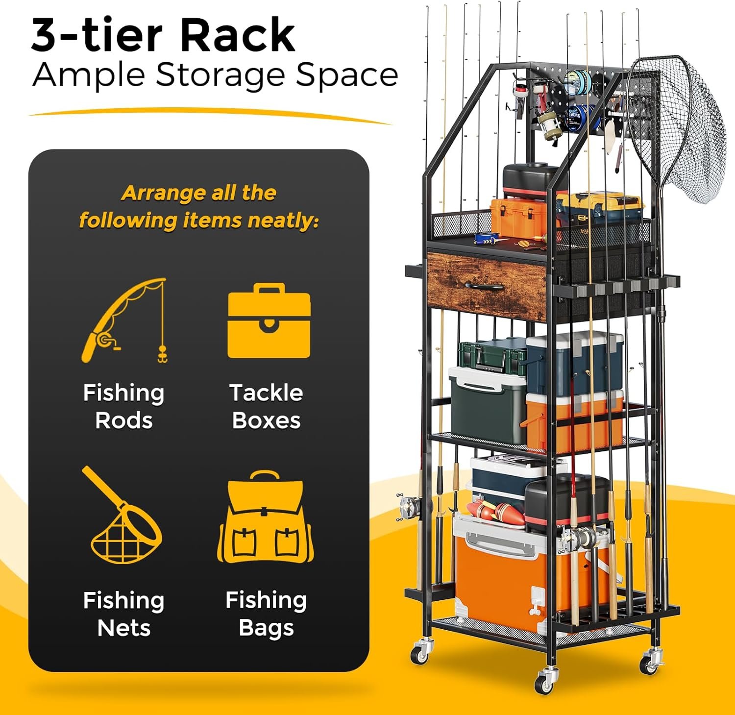 Fishing Rod Holder Organizer with Fabric Drawer & Pegboard, Space-Saving Garage Storage for 12 Rods, Reels, Tackle Boxes, Portable Fishing Gear Cart for Easy Access & Mobility - Image 3