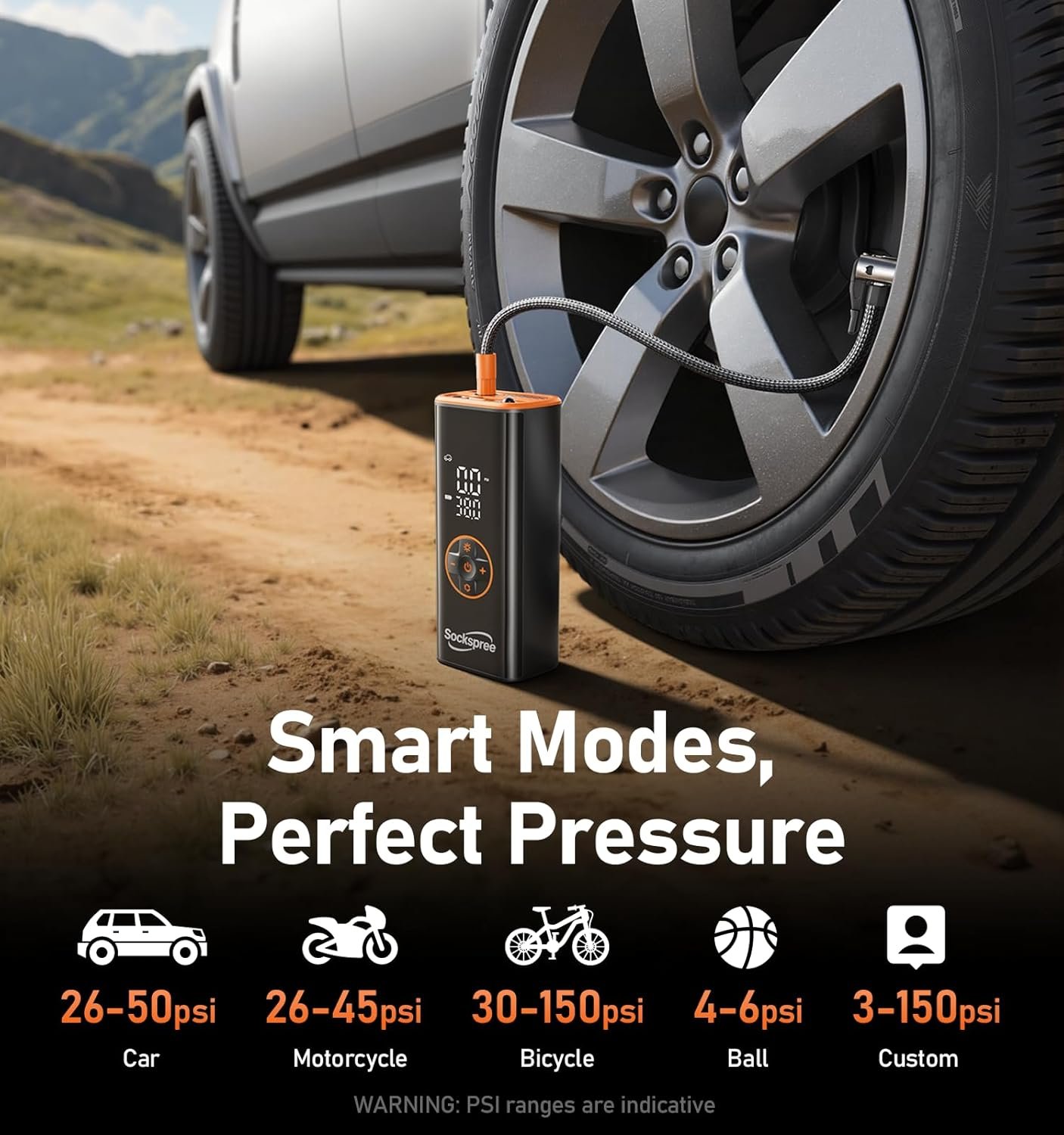 Tire Inflator Portable Air Compressor 5 in 1 Cordless Smart Pump with Tire Pressure Gauge 150PSI and LED Lights for Cars Bikes Motorcycle Balls Custom Mode Inflatables Orange Black - Image 5