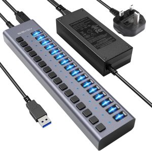 90W Powered USB Hub – ACASIS 16 Ports USB 3.0 Data Port, Aluminum Housing, Individual On/Off Switches, 12V/7.5A Power Adapter, USB Splitter for Laptop, PC, Computer, Printer