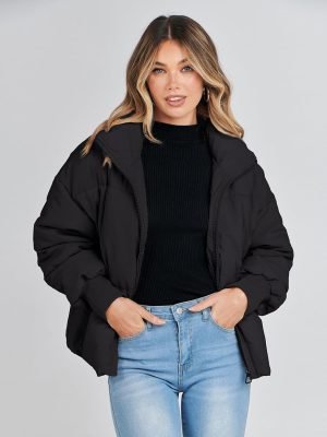 MEROKEETY Women’s 2025 Winter Long Sleeve Zip Puffer Jacket Pockets Baggy Short Coat...