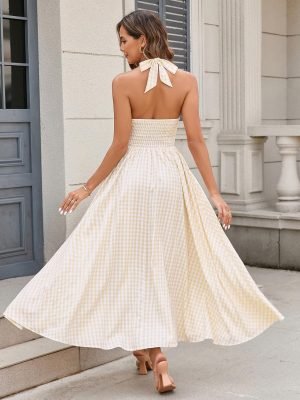 Parthea Women’s Summer Midi Dress Smocked Gingham Halter V Neck Sundress Elegant Flo...