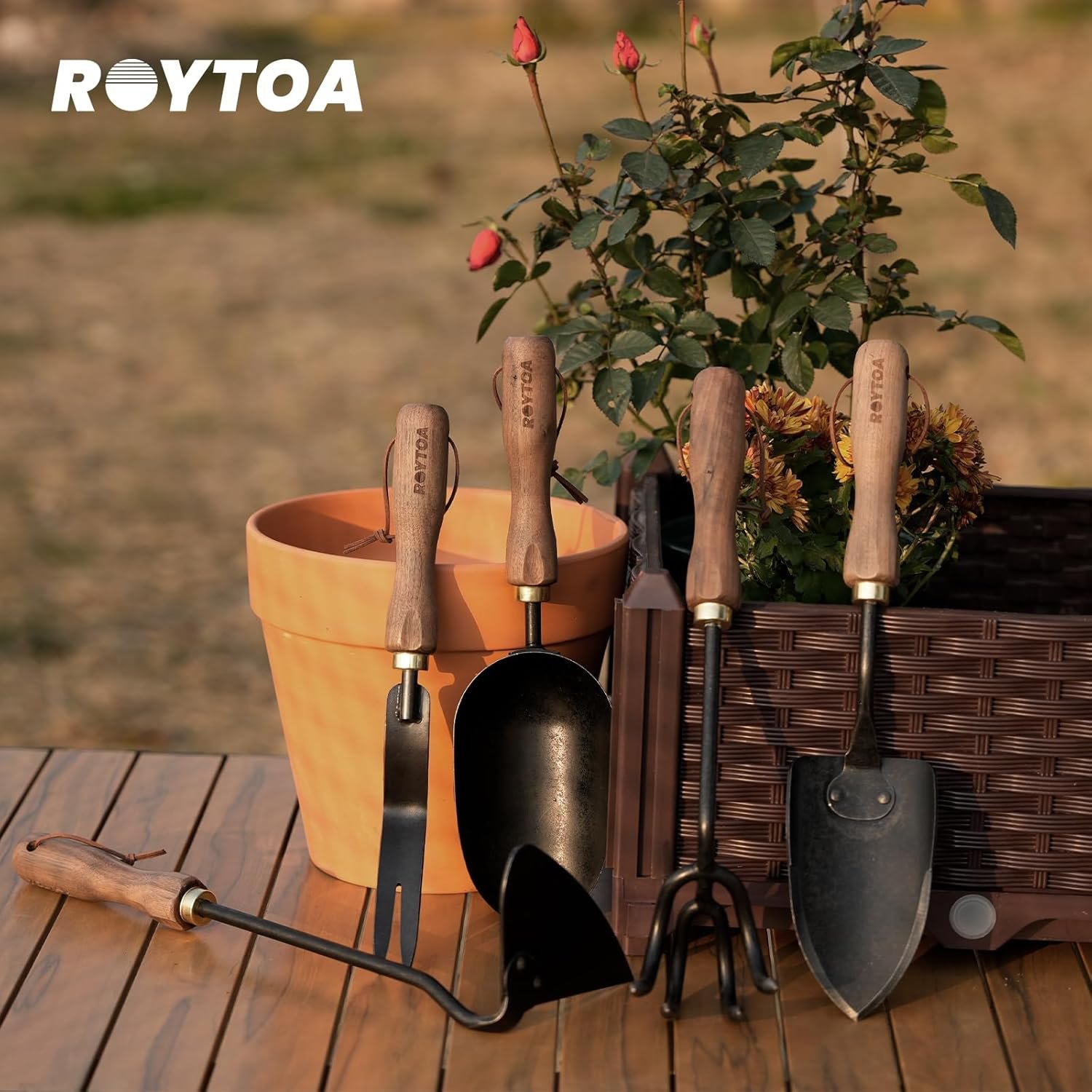 Garden Tool Set, 5PCS Gardening Tools, Stainless Steel Heavy Duty Hand Cultivator, Hoes, Shovel, Trowel and Weeder with Ergonomic Walnut Handle, Gardening Gifts for Women - Image 7