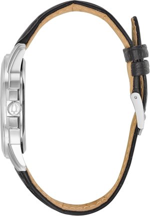 Bulova Men’s Precisionist 3-Hand Calendar in Stainless Steel with Black Leather Strap and Black Patterned Dial Style: 96B158