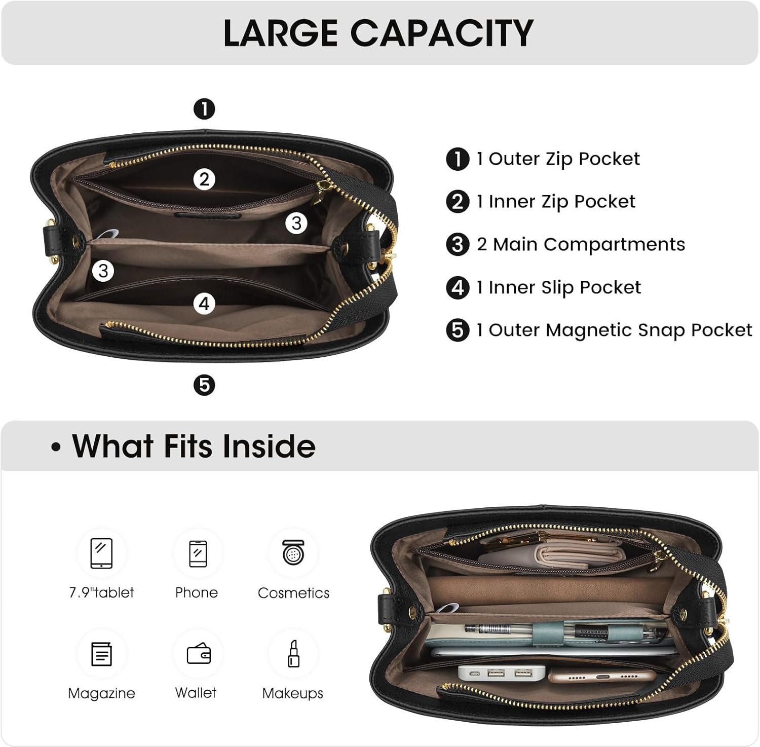 Kattee Leather Handbags for Women, Medium Soft Shoulder Tote Crossbody Purses Bucket Bags with 2 Straps - Image 5
