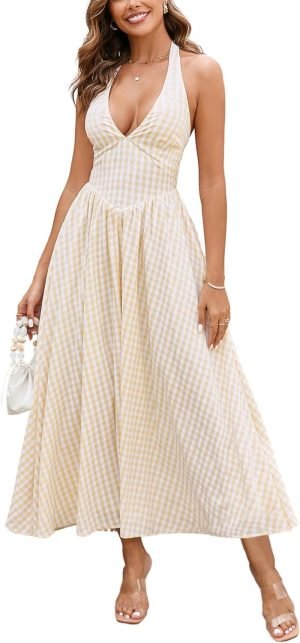 Parthea Women’s Summer Midi Dress Smocked Gingham Halter V Neck Sundress Elegant Flo...