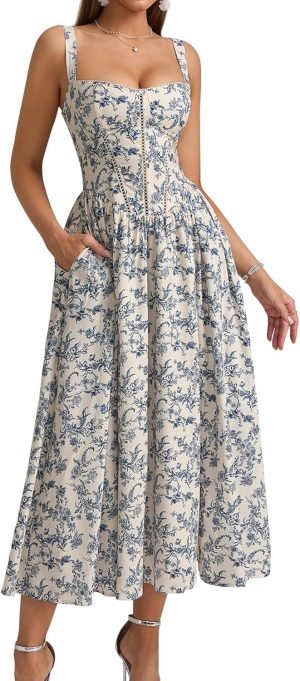 KUTUMAI Floral Corset Midi Dress Flowy Slit Summer Spring Wedding Guest Dresses for Women ...