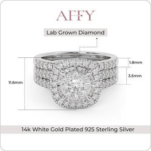 AFFY Bridal Set Rings For Women, 1.00 Carat (ctw) Lab Grown Diamond Halo Wedding Engagement Ring Set In 14K Gold Over Sterling Silver, 10K Or 14K Solid Gold Jewelry Gifts For Her