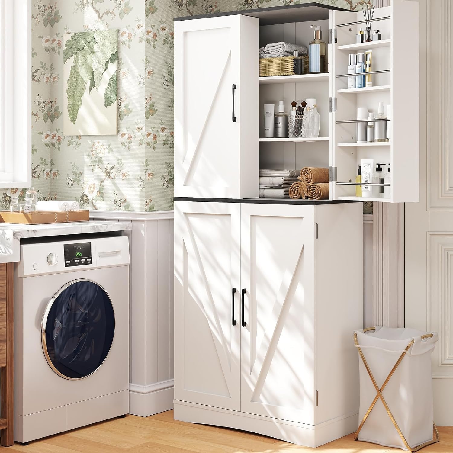 BREEZEHEAT Kitchen Pantry Cabinet, 72" Food Pantry Cabinet with 180° Swivel Doors, Organizer, Drawer and Adjustable Shelves, Farmhouse Storage Cabinets for Kitchen, Dining Room, Bathroom, Off White - Image 6