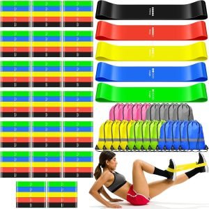 Sratte 120 Pcs Workout Loop Resistance Bands Bulk, Gym Elastic Bands Set for Fitness Sport Class Students Members Gift Physical, 5 Pieces Each Set, with Large Drawstring Backpack Bags