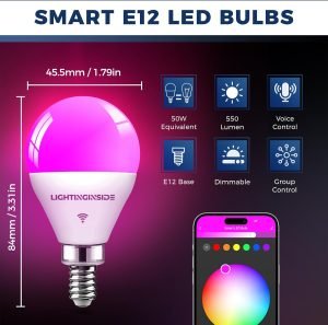 Lightinginside E12 Smart Light Bulbs 50W Equiv., G16.5 RGBCW Candelabra Chandelier Ceiling Fan Smart Bulb Works with Alexa/Google Home/Smart Life, 5W 550LM, 2.4G WiFi Bluetooth Bulb, ETL Listed, 6PCS