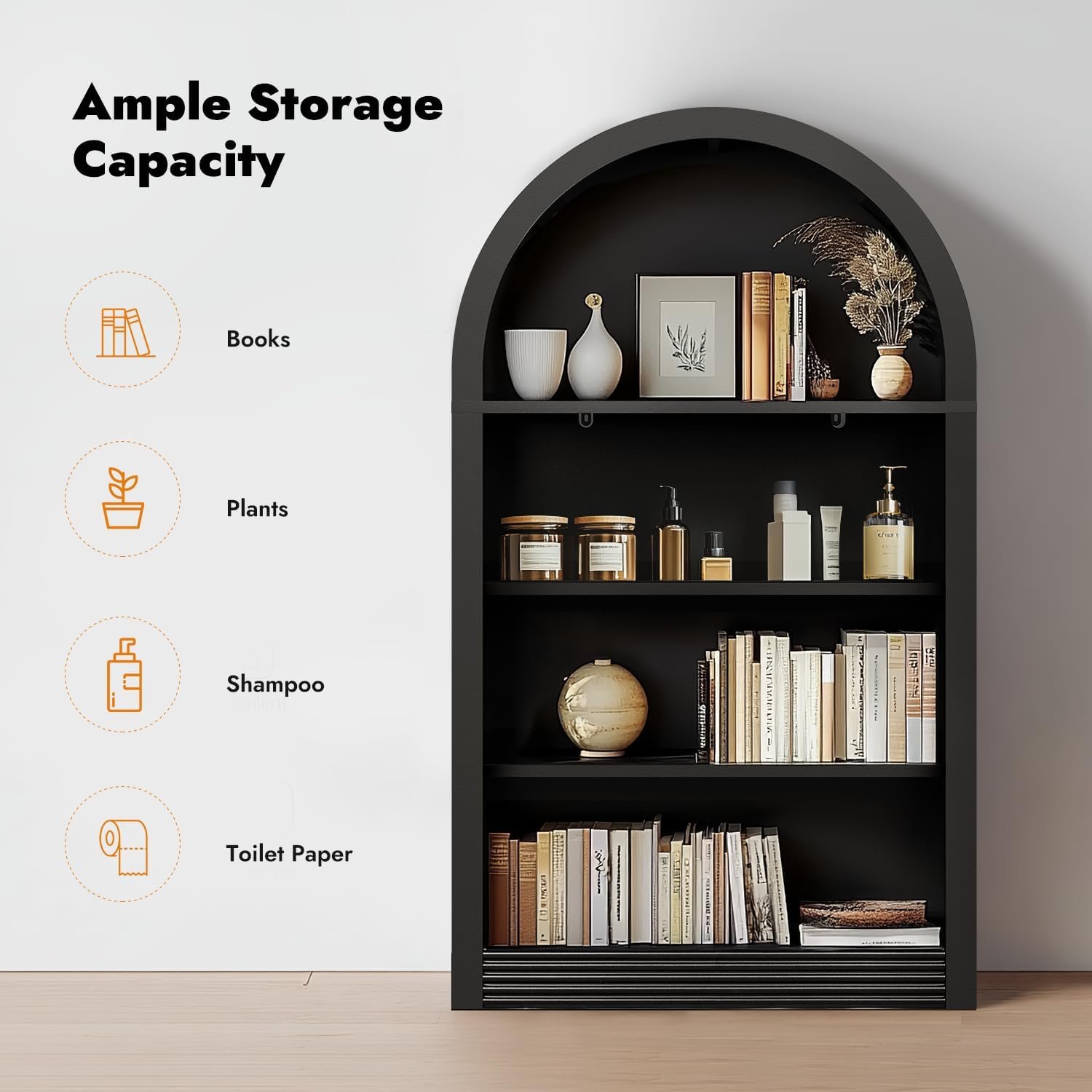 Bookcase, 4-Tier Tall Bookshelf, 47.6" Wood Open Display Floor Arched Book Shelf, Large Storage Organizer for Bedroom and Living Room Black - Image 3