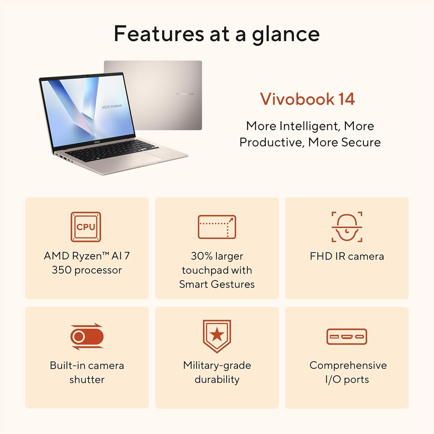 ASUS Vivobook 14 Laptop, Copilot+ PC, 14” WUXGA 60Hz Display, AMD Ryzen AI 7 350 with XDNA NPU, AMD Radeon Graphics, 16GB RAM, 512GB SSD, Platinum Gold, M1407KA-PS74 - Image 4