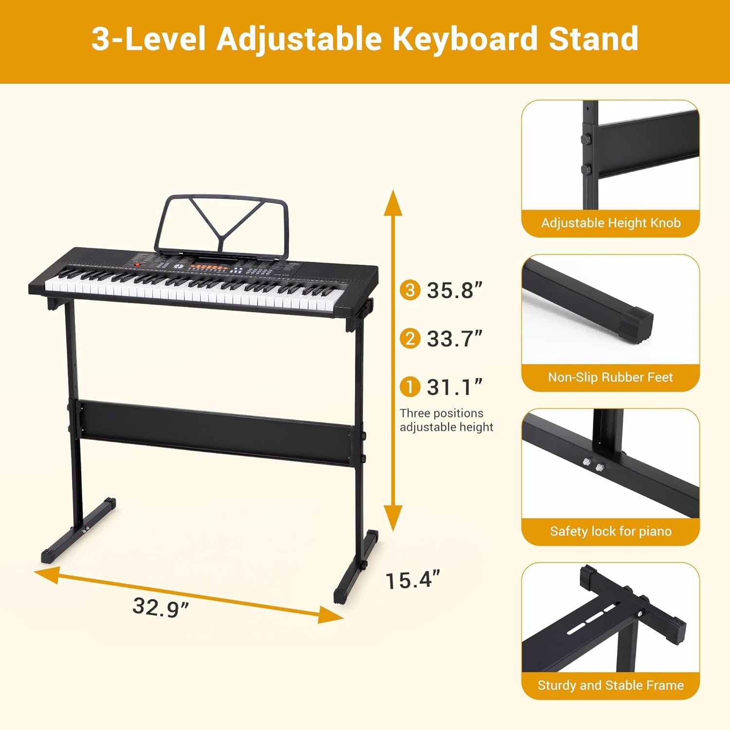 ZENY 61-Key Portable Electric Keyboard Piano with Built In Speakers, LED Screen, Headphones, Microphone, Piano Stand, Music Sheet Stand and Stool - Image 4