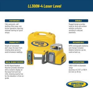 Spectra Precision LL300N-4 Laser Level, Self Leveling Kit with HL450 Receiver, Clamp, and NiMH Rechargeable Batteries, Yellow