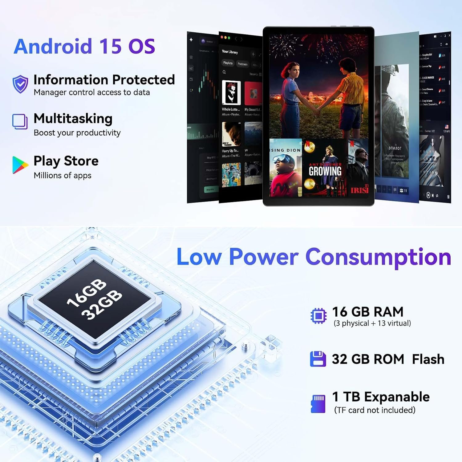 Tablet 10 Inch Android 15 OS GMS Certified Tablets PC 1.8 GHz 5-Core 16 (3+13) GB RAM 32 GB ROM 1 TB Expandable 1280x800 HD IPS Touch Screen 5000 mAh WiFi 6 Bluetooth 5.4 Dual Camera 2025 (Black) - Image 3