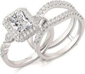 Newshe Jewellery Wedding Band Bridal Ring Enhancer Engagement Ring Set for Women 925 Sterling Silver Radiant Cubic Zirconia Size 5-10