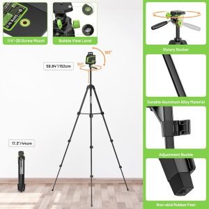 Huepar 360° Laser Level with Tripod 60in, 82Ft – 165Ft Self Leveling Laser Level with Pulse Mode, 3 Brightness Levels Rechargeable Li-ion Battery Green Line Laser Leveler Tool for DIY Indoor Project