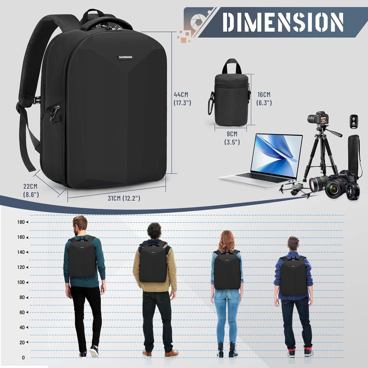 RAINSMORE Camera Backpack Hard Shell for DSLR/SLR Waterproof Camera Bag with Laptop Compartment 15.6 Inch Professional Camera Case with Rain Cover Photography Backpack Bag with Camera Lens Case Black - Image 8