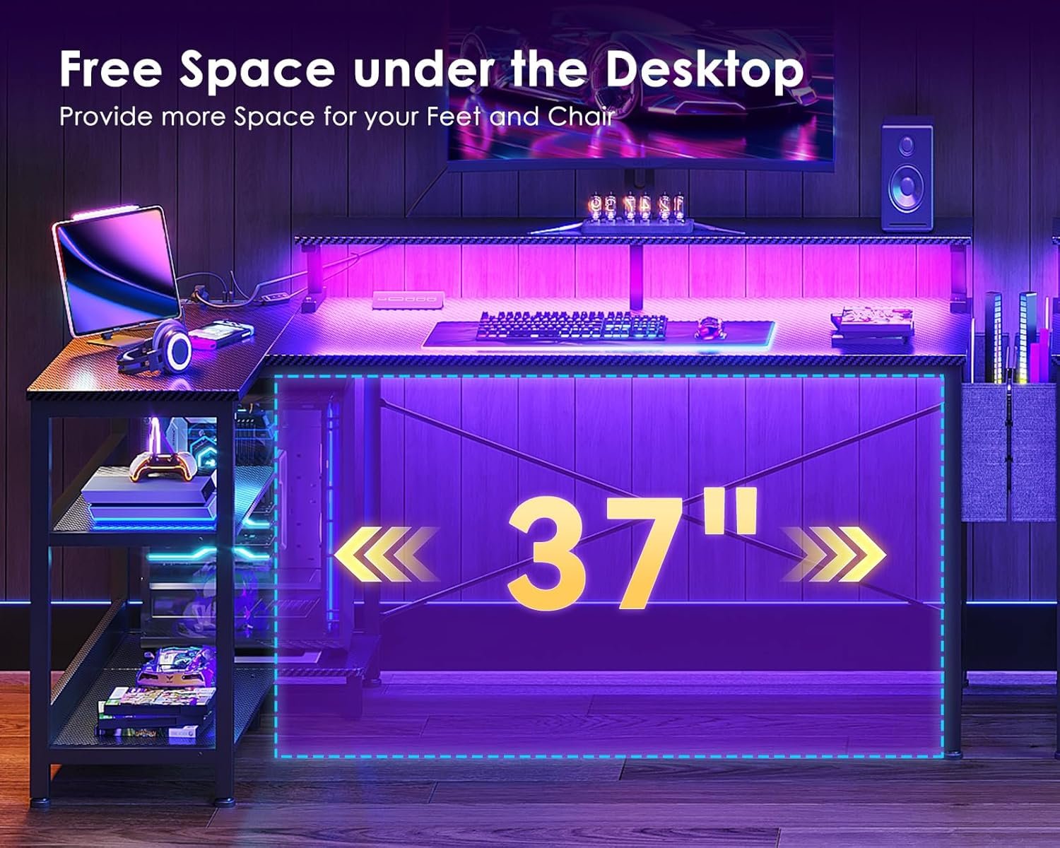 ODK 48 Inch Gaming Desk with USB Charging Ports and LED Lights, Reversible L Shaped Computer Desk with Storage Shelves & Monitor Stand, Corner Gamer Desk Table with Power Outlets, Black - Image 4
