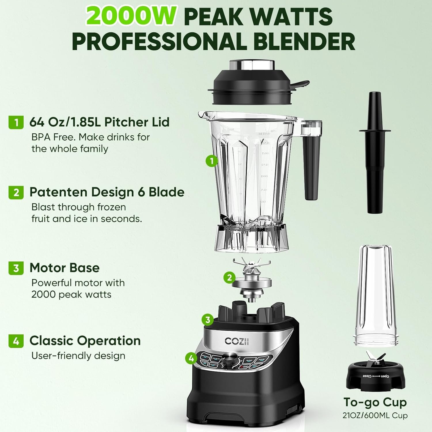 Professional Blender 2000W, Smoothie Countertop Blenders for Kitchen,7 Preset Programs for Ice Crush/Frozen Drinks/Dips/Nut Butter, High Speed, Dishwasher Safe, Black - Image 5