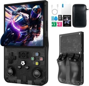 R36MAX Retro Handheld Game Console, 4.0 Inch IPS HD Screen Retro Gaming Console, Linux System, 30+Emulator Games Retro Game Console, 4000mAh Battery, Built-in 64G TF Card, Black