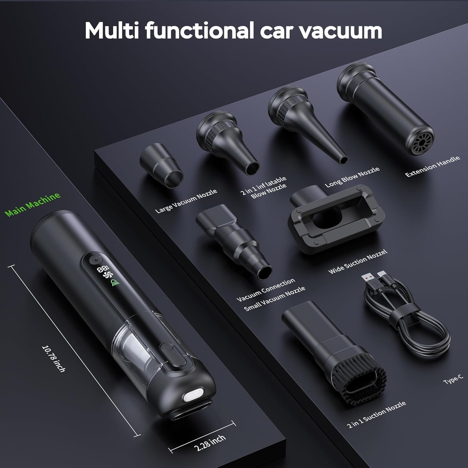 Portable Car Vacuum Cordless, 18000Pa 4-in-1 Suction Power Mini Vacuum Cleaner, 120W Brushless Motor Handheld Vacuum Cordless Rechargeable, 7800mAh Battery, LED Light, Multi-Nozzle for Car, Home, Pet - Image 7