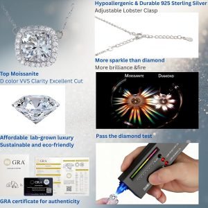 Lab Grown Moissanite Necklace for Women, 925 Sterling Silver Halo Pendant, Anniversary Birthday Wedding Jewelry Gift