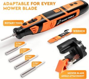 Sharp Pebble Cordless Lawn Mower Blade Sharpener – Adjustable 20°- 40° Angle Guide-Rotary Tool with Replaceable Sharpening Wheel Bits & Fast Rechargeable Battery – Effortless Precision for Lawn Care