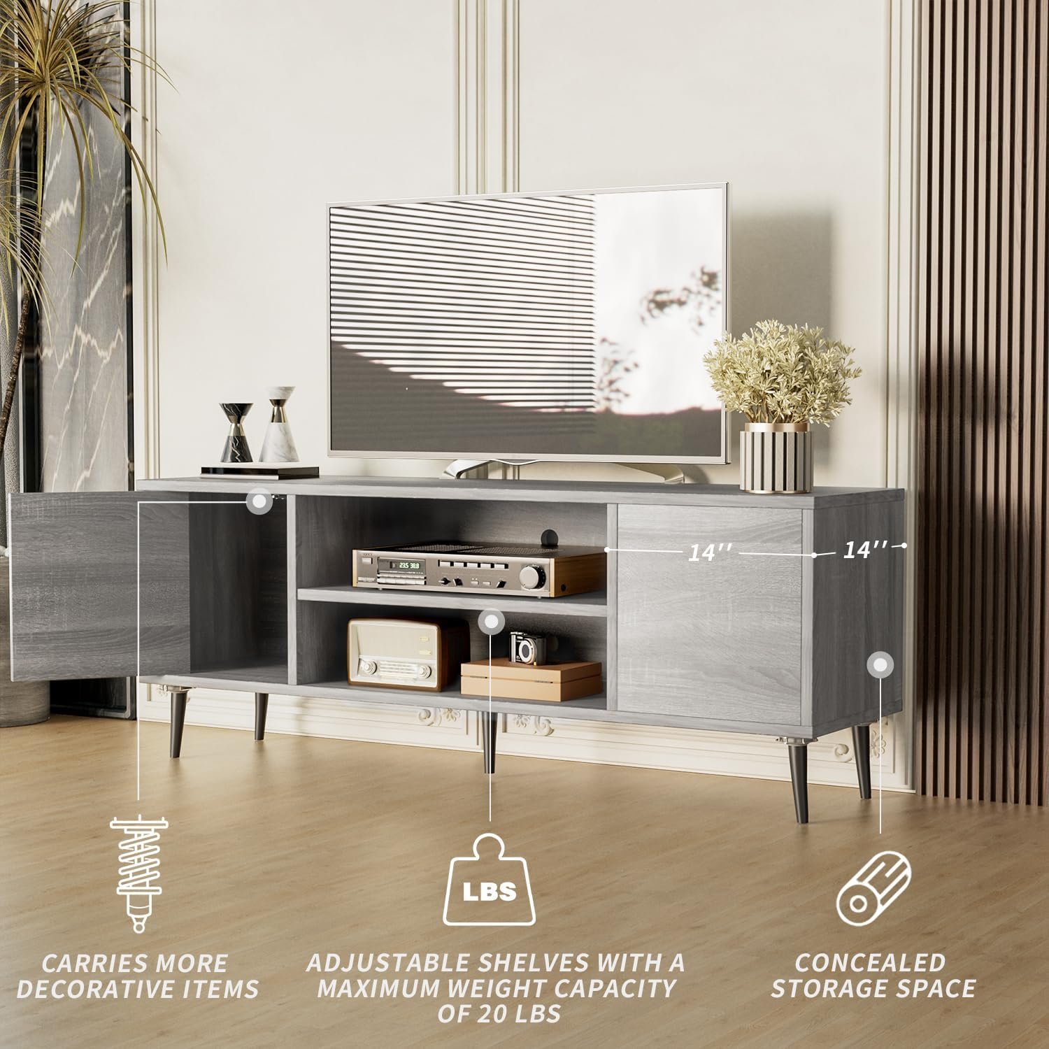JUMMICO TV Stand for 65 Inch TV, Mid Century Modern TV Stand, Entertainment Center with Storage Cabinet and Open Shelves, TV Console Table Media Cabinet for Living Room, and Bedroom (Light Gray) - Image 4