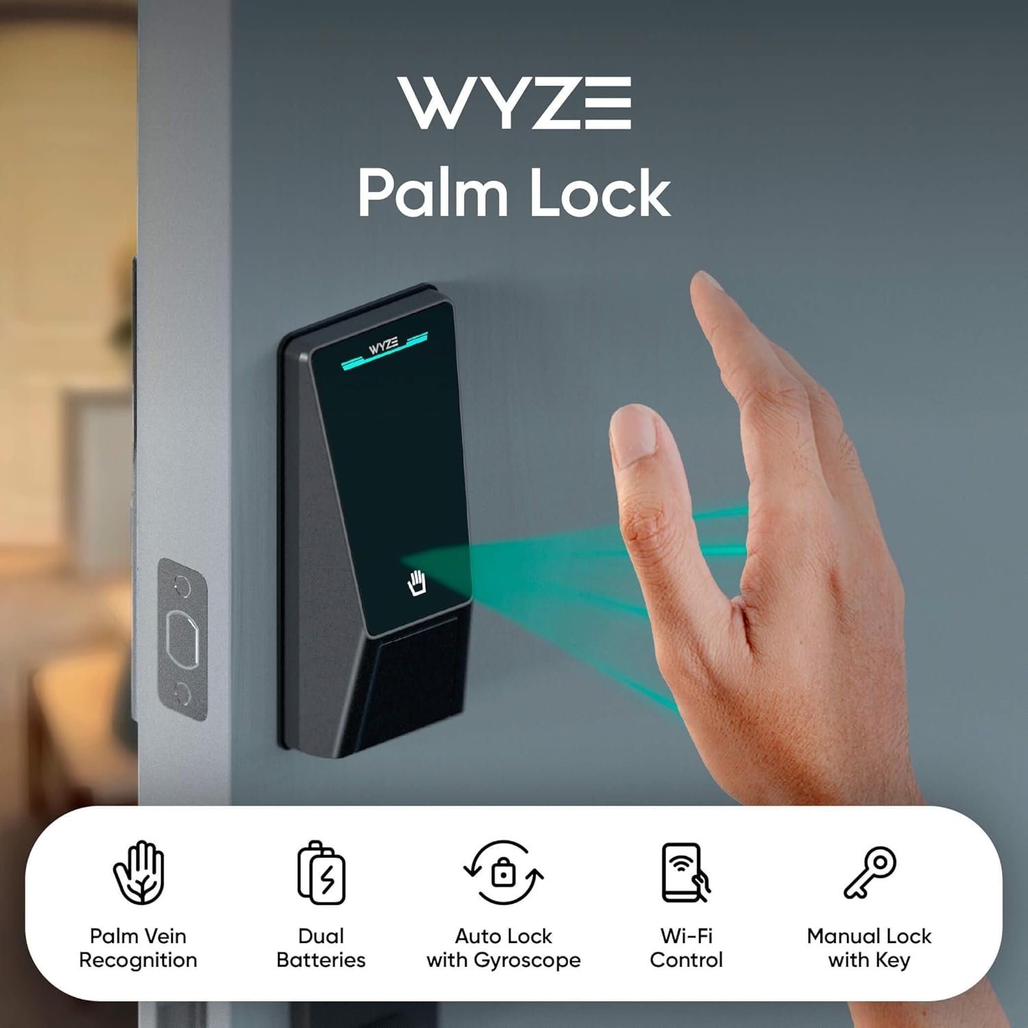 Wyze Palm Lock, Smart Door Lock with Palm Vein Recognition, Keyless Entry Smart Locks for Front Door, Keypad, Auto Lock, Dual Battery, Wi-Fi, Works with Alexa & Google, BHMA, IP53, Mechanical Key - Image 2