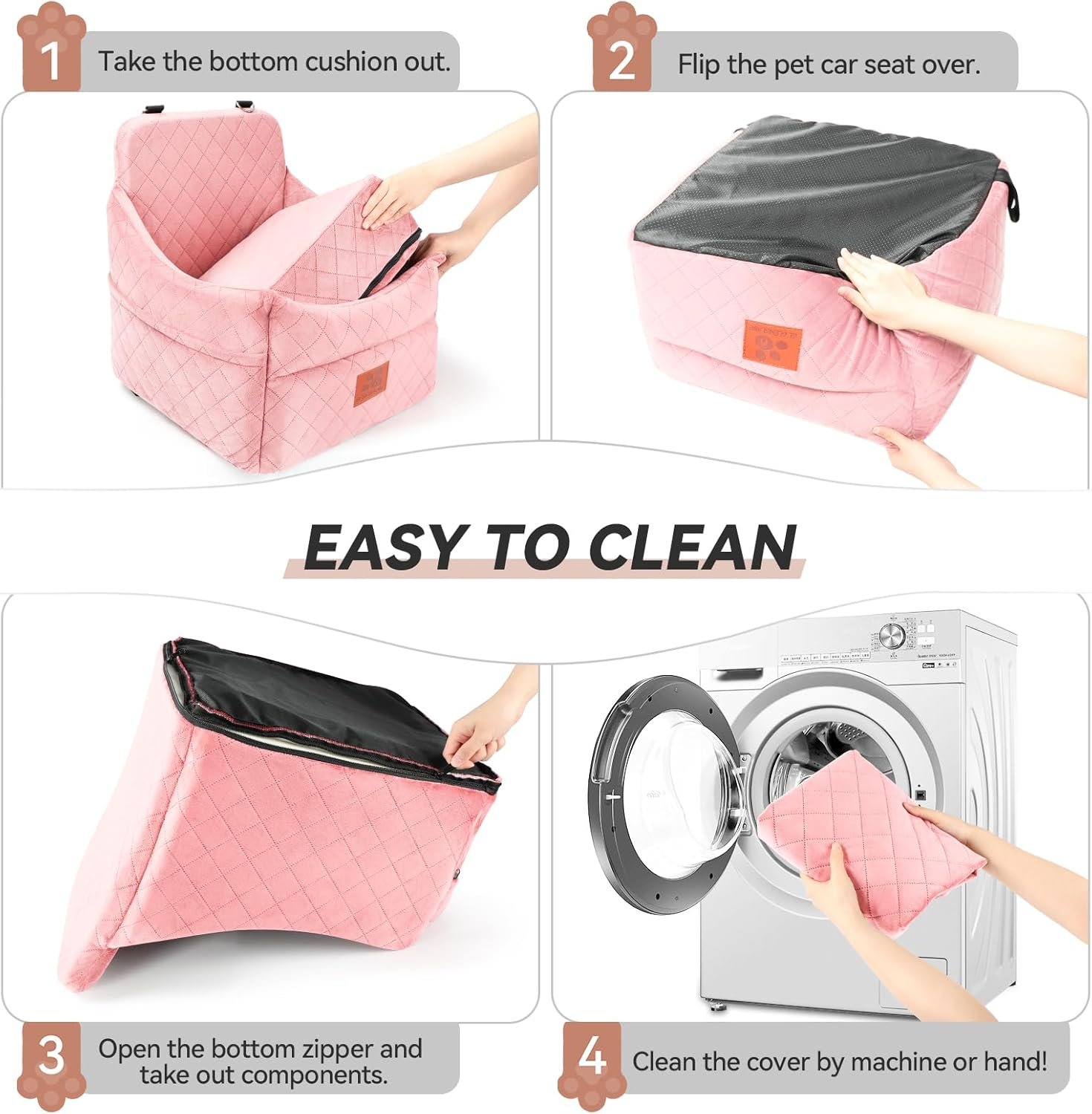 Dog Car Seat for Small/Medium Dogs, Dog Booster Car Seats with Thick Cushion for Dogs Under 35lbs, Detachable Washable Pet Bed with Storage Pockets, 2 Safety Belts (Pink) - Image 7