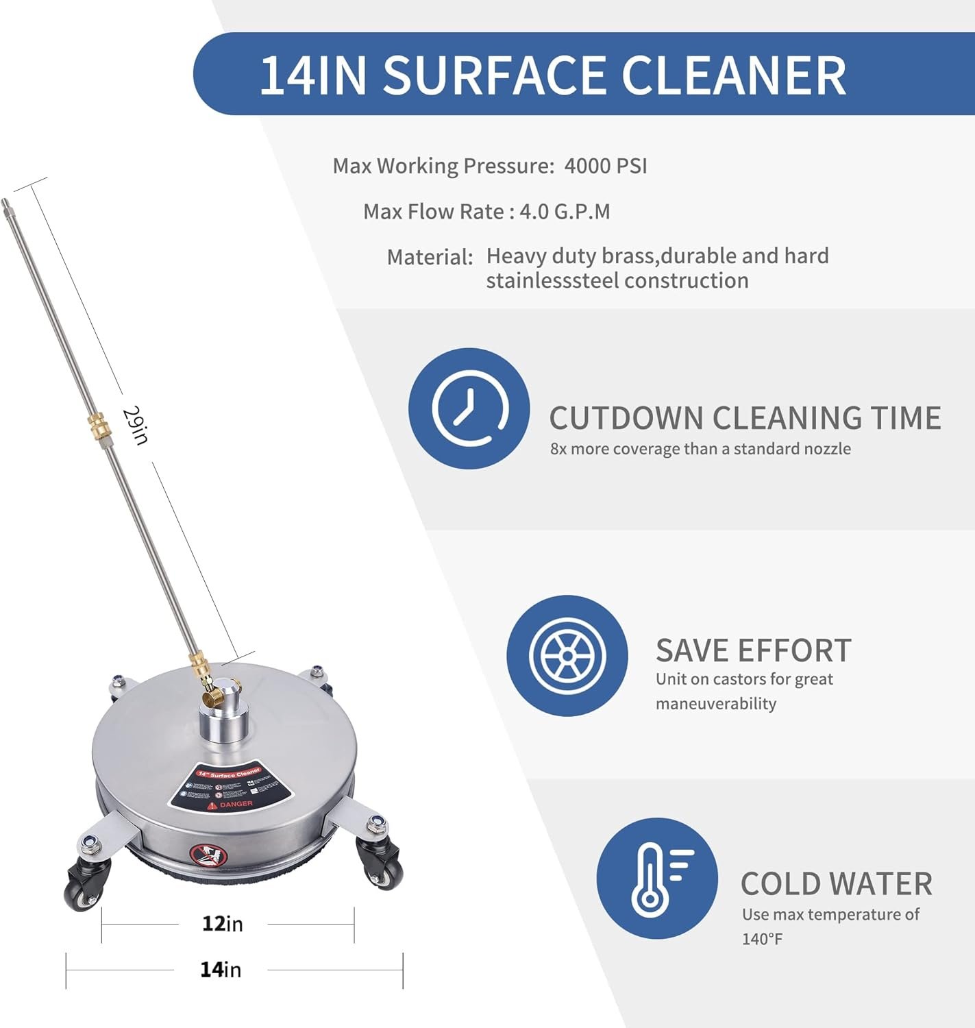 Biswing 14" Pressure Washer Surface Cleaner with 4 Wheels, Stainless Steel Power Washer Accessory for Driveways Sidewalks Patios Cleaning, 1/4" Quick Connector, 2 Extension Wand Attachments, 4000 PSI - Image 2
