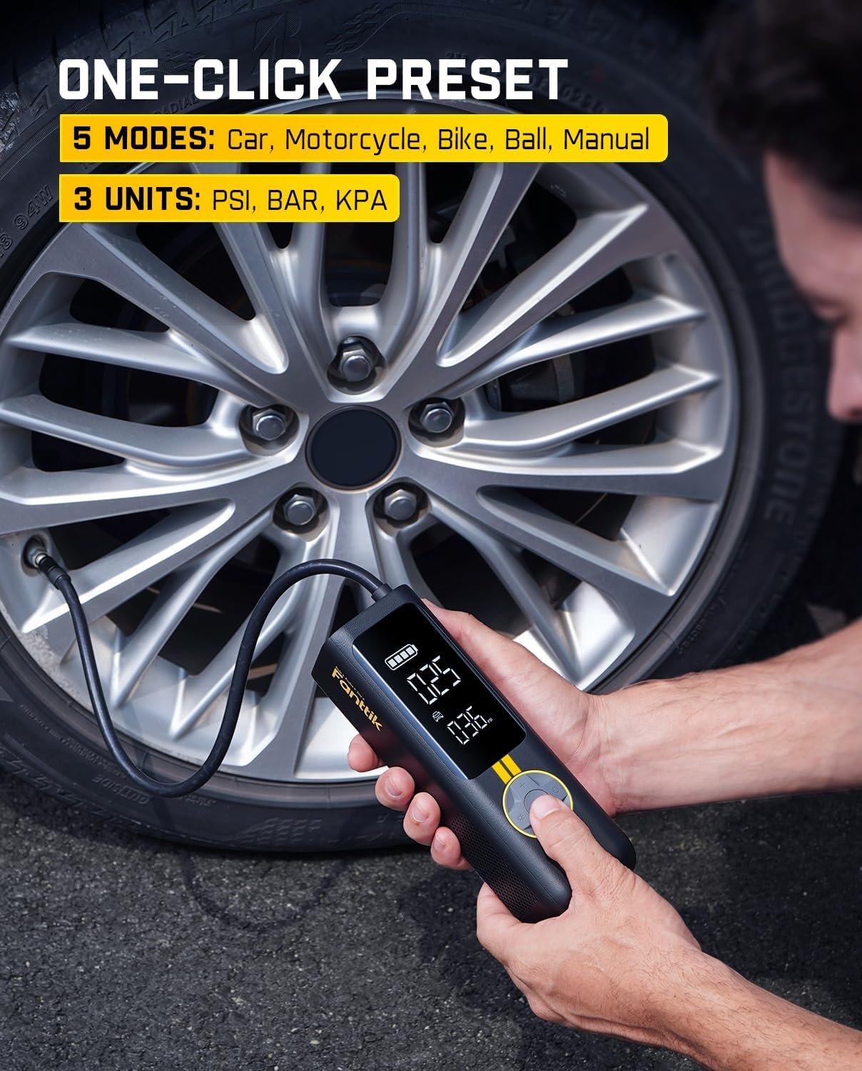 Fanttik X8 APEX Tire Inflator Portable Air Compressor, 1 Min Fast Inflation, 150PSI Cordless Tire Inflator with LED Dual Screen, Suitable for MPV, Car, Bike, Motorcycle, Up to 26.3″ Tires - Image 6
