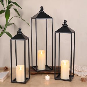 22” 19” 17” Lanterns Decorative Outdoor Indoor, Set of 3 Black Metal Candle Lanterns Halloween Lanterns Modern Farmhouse Floor Lantern Decor for Room, Porch, Mantle, Patio, Garden