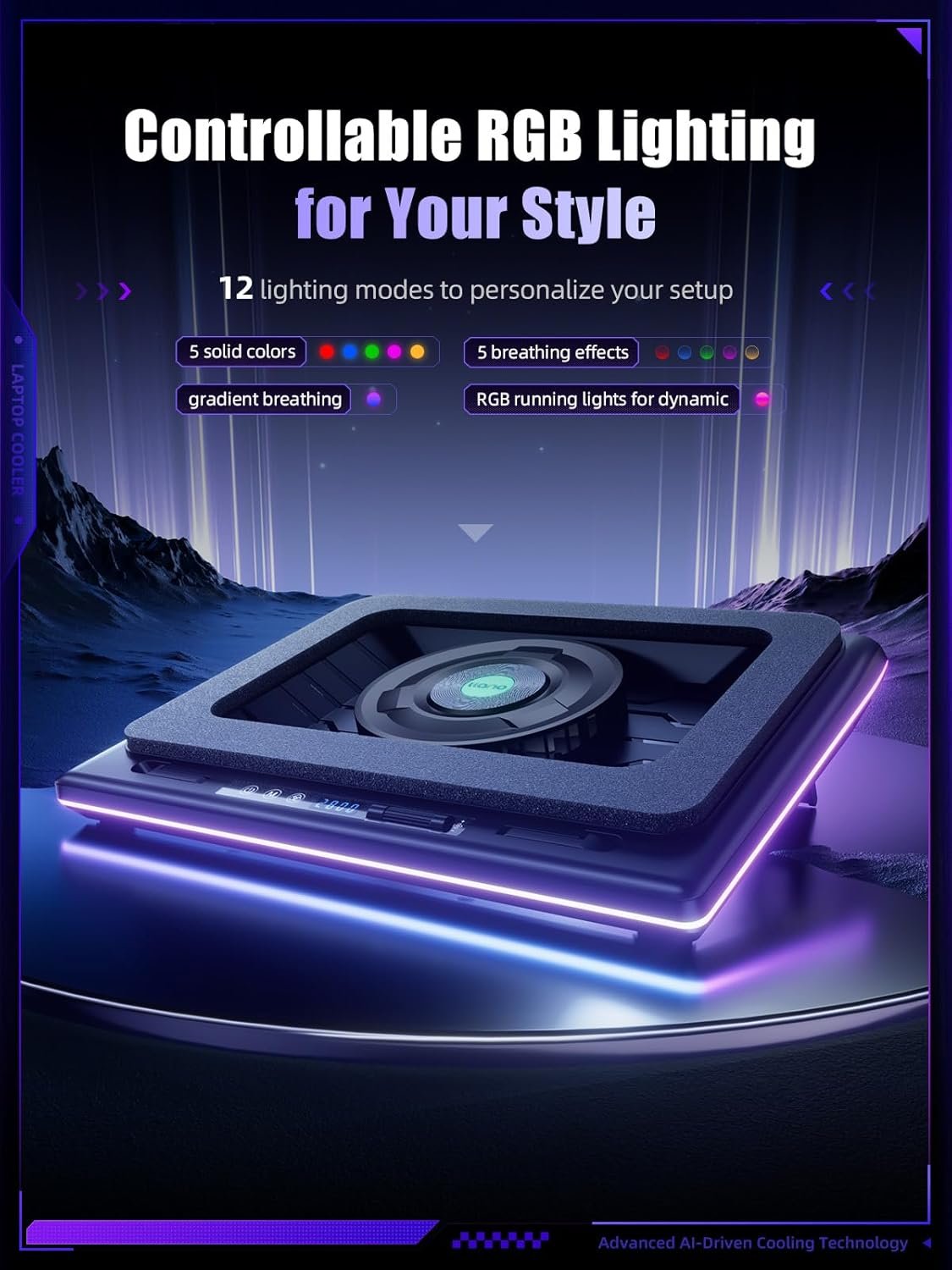 llano V12 Ultra Laptop Cooling Pad with Smart Software Control, RGB Gaming Laptop Fan Cooler Stand, 5.5" Turbo Fan, Adjustable Speed, 3*USB 3.0 Ports, 3 Height Stands, for 15.6"-19" Laptops, Black - Image 6