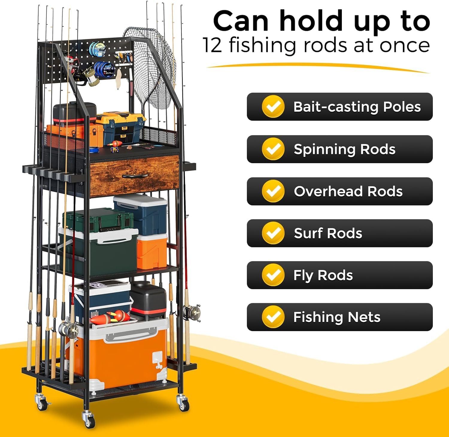 Fishing Rod Holder Organizer with Fabric Drawer & Pegboard, Space-Saving Garage Storage for 12 Rods, Reels, Tackle Boxes, Portable Fishing Gear Cart for Easy Access & Mobility - Image 4