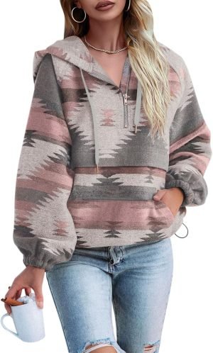 Fessceruna Womens Aztec Half Zip Up Hoodies Sweatshirt Casual Long Sleeve Oversized Ethnic...
