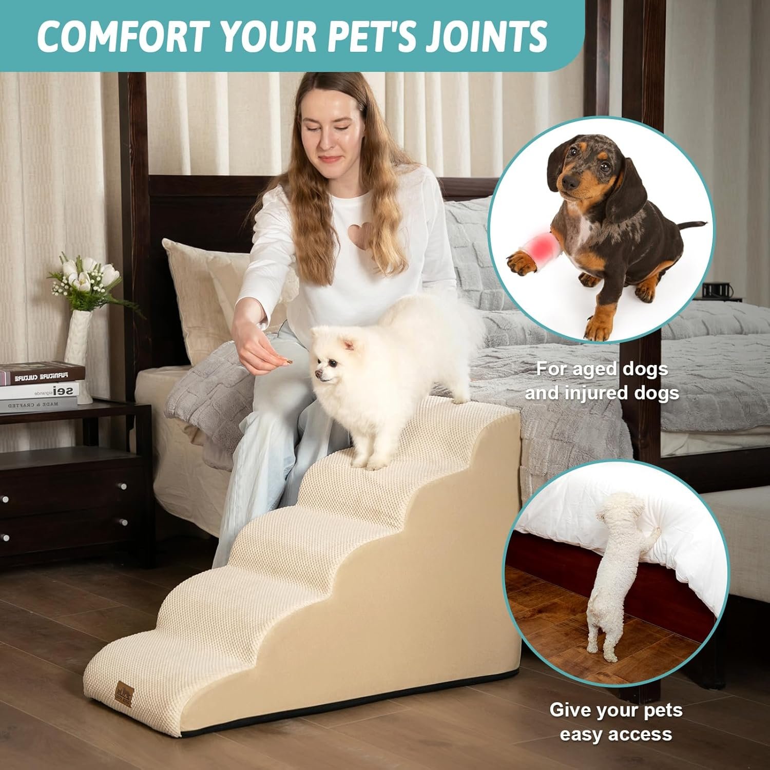 Dog Stairs for Small Dog 22.6" H, Curved Pet Step for Puppy, Older Cat, Medium Pet Ramp for High Bed, Ladder with High Density Foam, Durable, 5 Step, 15.7x33x22.6 inch, Beige - Image 3