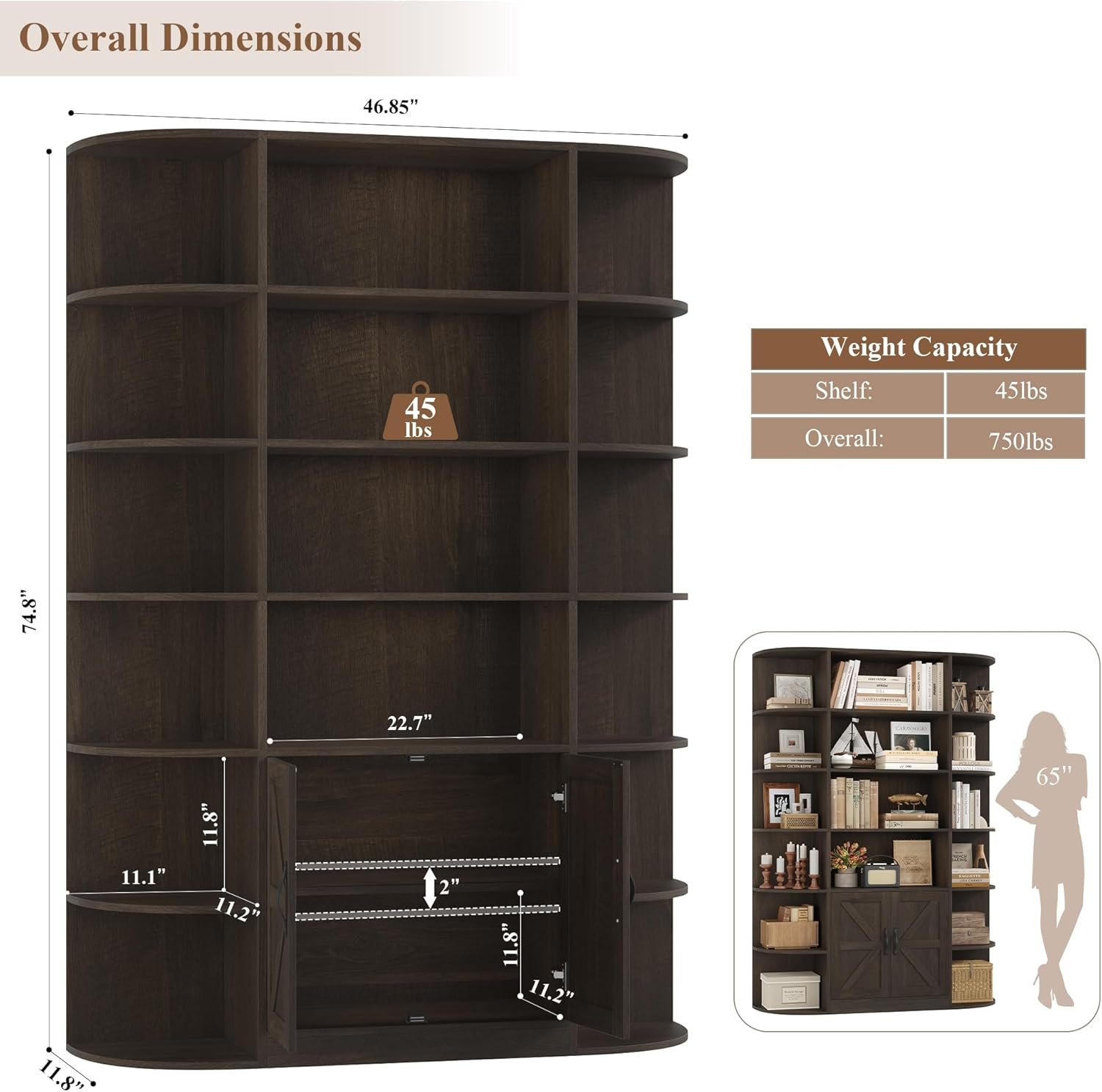 HOSTACK 75" Tall Book Shelf and Bookcase, 6 Tier Bookshelf with Storage, 47" Wide Bookcase with Doors, Freestanding Wood Display Shelves with Book Storage Cabinet for Home Office, Dark Brown - Image 3