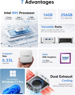 ACEMAGIC Mini Pc 11 Pro, Processor N95 (Beat N100/N150) up to 3.4 GHz Mini Computers, 16GB DDR4 256GB SSD, 4K Dual Display WiFi BT VESA Micro Small Pc for Business and Home, Mini Desktop