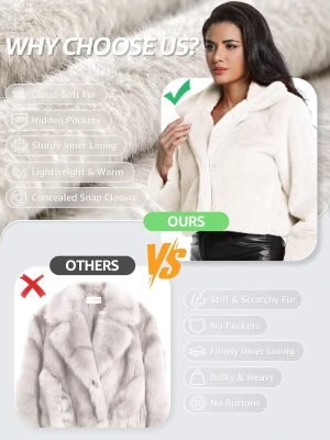 Women’s Cropped Faux Fur Jacket with Hidden Pockets and Buttons Plush Shawl Collar C...