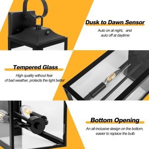 Black Dusk to Dawn Outdoor Wall Lantern 2-Light, 19″ Large Outside Modern Wall Sconce Light Fixture, Industrial Porch Light Wall Mount with Glass, Waterproof Farmhouse Exterior Lamp Lighting, 2 Pack