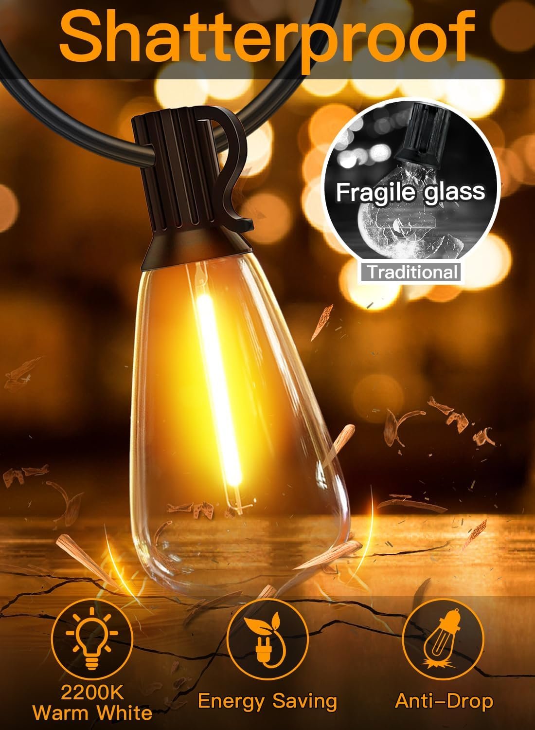 Ollny Outdoor String Lights 160FT, Shatterproof Connectable Patio Lights with 80+4 Spare ST38 Vintage Bulbs, 2200K Warm White Waterproof Outside Hanging Light for Yard Camping Gazebo Porch Balcony - Image 3