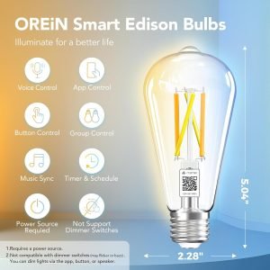 OREiN Matter Smart Light Bulb, ST19(58) Smart Edison Bulbs with Remote Control Work with Apple Home, Alexa, Google Home, SmartThings, 800lm 2700K-6500K Smart Filament Bulb E26 Base 6Pack