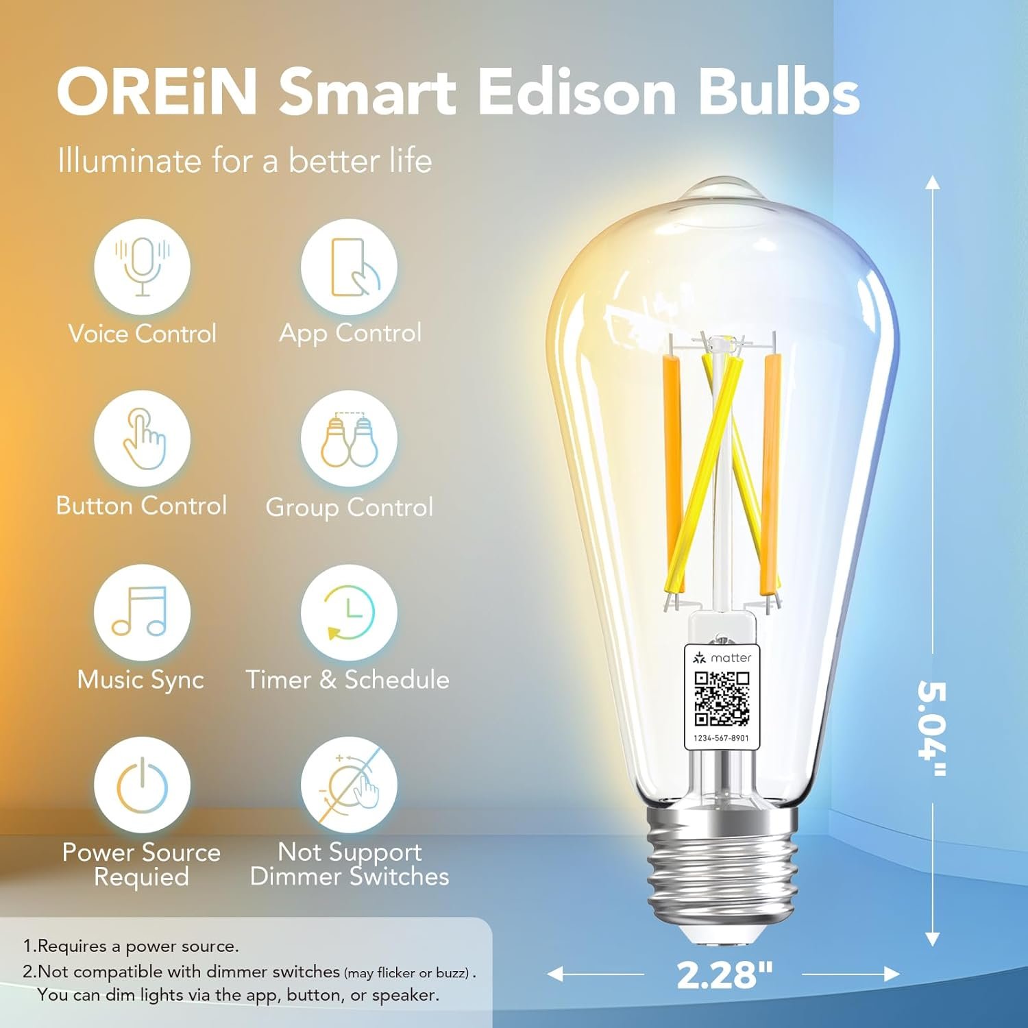 OREiN Matter Smart Light Bulb, ST19(58) Smart Edison Bulbs with Remote Control Work with Apple Home, Alexa, Google Home, SmartThings, 800lm 2700K-6500K Smart Filament Bulb E26 Base 6Pack - Image 2