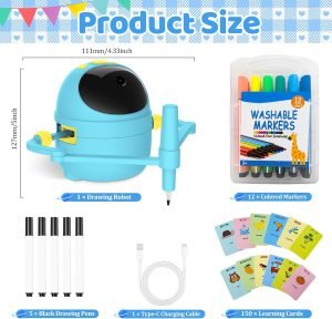 Drawing Robot for Kids with Card-Sensing Camera, 150 Learning Cards and 17 Colored Pens, Smart Painting Art Machine with Voice Guide for Boys Girls, Step-by-Step Auto Drawing for STEM Early Learning