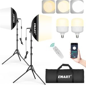 EMART Softbox Photography Lighting Kit, 16″x16″ Pull Soft Box, 50W 3000K-6000K LED Bulb with Remote/APP Control, Professional Photoshoot Equipment for Studio Lights, Portrait, Video Recording(2 Pack)
