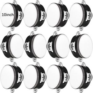 12 Pcs Tambourine Drum Bulk for Adults Hand Held Percussion Gift Operation Christmas Bulk Items Wood Metal Jingles Musical Educational Drum Instrument for Church Wedding Party Games(Black)