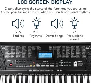 61 Key Portable Electronic Keyboard Piano w/Lighted Full Size Keys, LCD, Headphones, X-Stand, Stool, Music Rest, Microphone, Note Stickers, Built-In Speakers,3 Teaching Modes