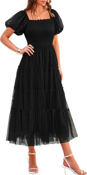 PRETTYGARDEN Women’s Smocked Midi Tulle Dress 2025 Summer Puffy Short Sleeve Square ...
